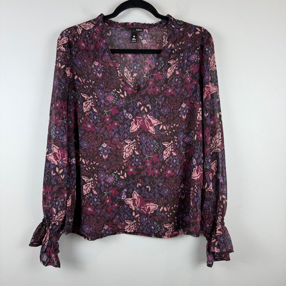 Aqua‎ Top Women's Medium Purple Floral Sheer V-Neck Puff Sleeve Blouse Bohemian